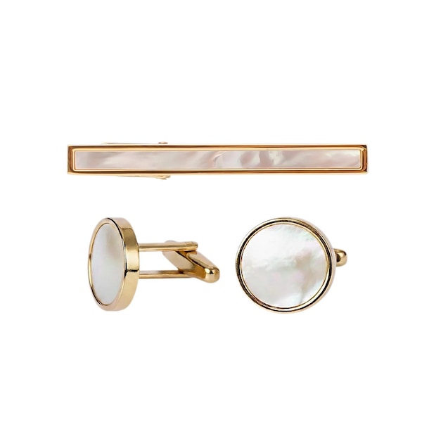18k Gold Mother of Pearl Cufflinks & Tie Clip Set – Cuff links Matching Tie Bar