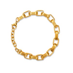 May include: A gold chain bracelet with a textured link design.
