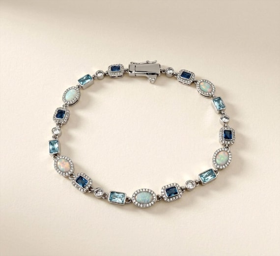 Mixed Opal Blue Gemstone Tennis Bracelet Rhodium Plated  Sparkling Elegant Bridal Jewelry Gift Women