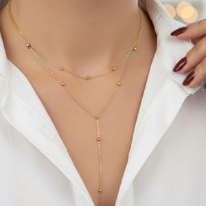 Gold Lariat Necklace Set: Dainty Layered Satellite Chain