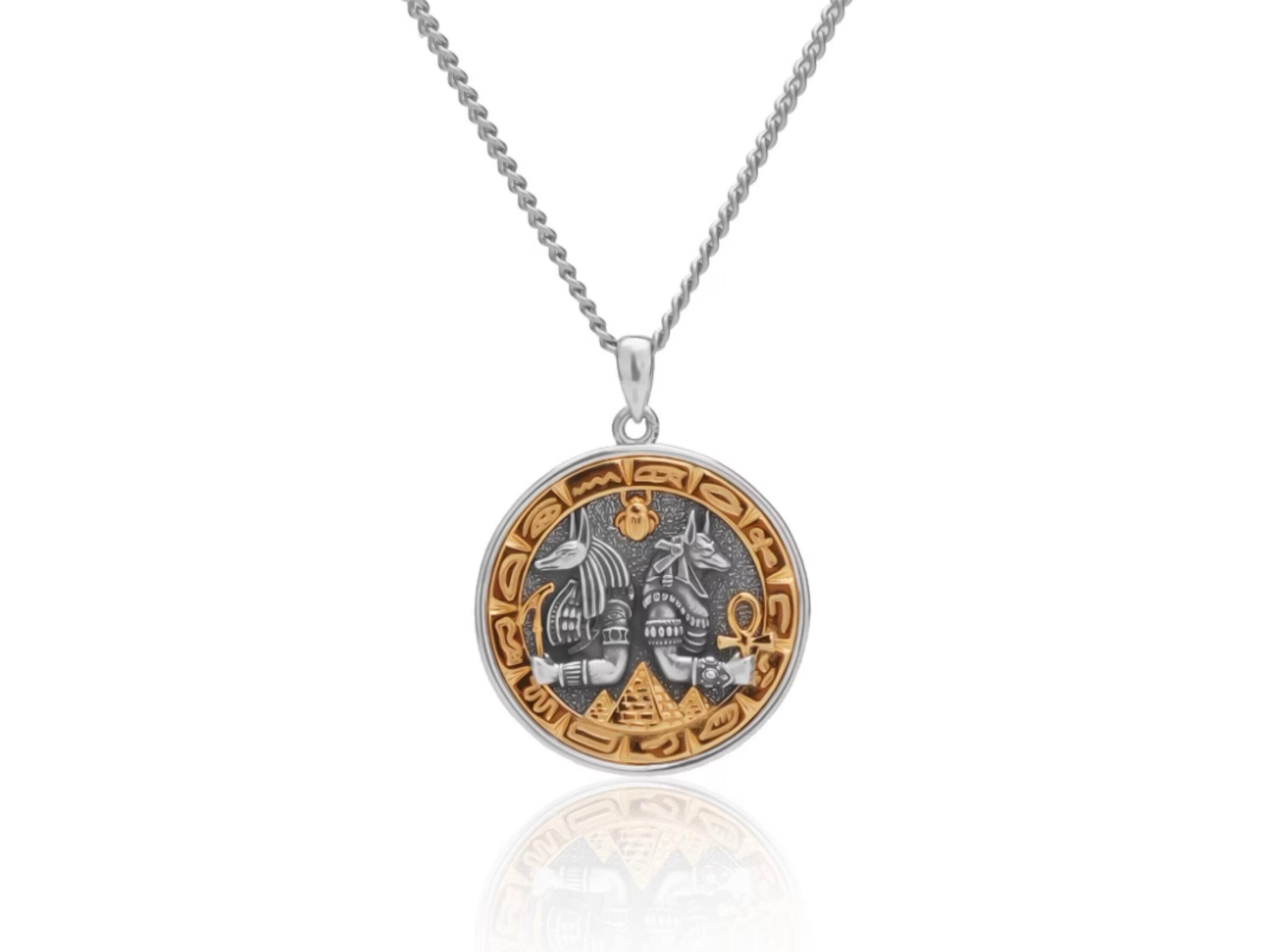 Anubis and Horus Egyptian Gods Coin Necklace - Ancient Egyptian Death God Ankh Cross Pendant - Pyramid Egypt Eye of Anubis Amulet.