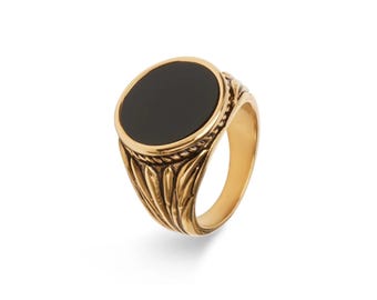18k Gold Black Onyx Signet Ring - Gold Statement Ring, Gift for Him, Dainty Black Stone Ring - Natural Gemstone Ring for Men, Birthday Gift
