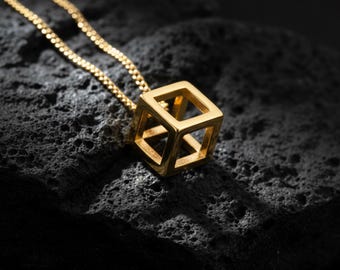 Gold Cube Necklace: 18k Plated Stainless Steel Geometric Pendant