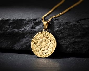 18K Gold Coin Pendant Necklace: Stainless Steel Medallion Chain