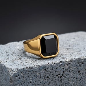 Men’s Black Onyx Signet Ring, 18k Gold Plated Square Statement Ring, Jewelry Gift
