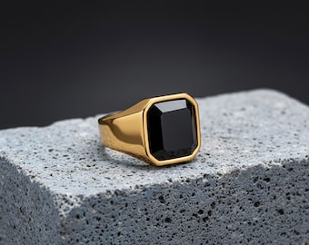 Męski pierścień sygnetowy z czarnego onyksu, kwadratowy pierścień z 18-karatowego złota, biżuteria na prezent
