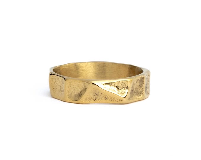 Gold Textured Men's Ring: Hammered 18K Gold Plated Stainless Steel