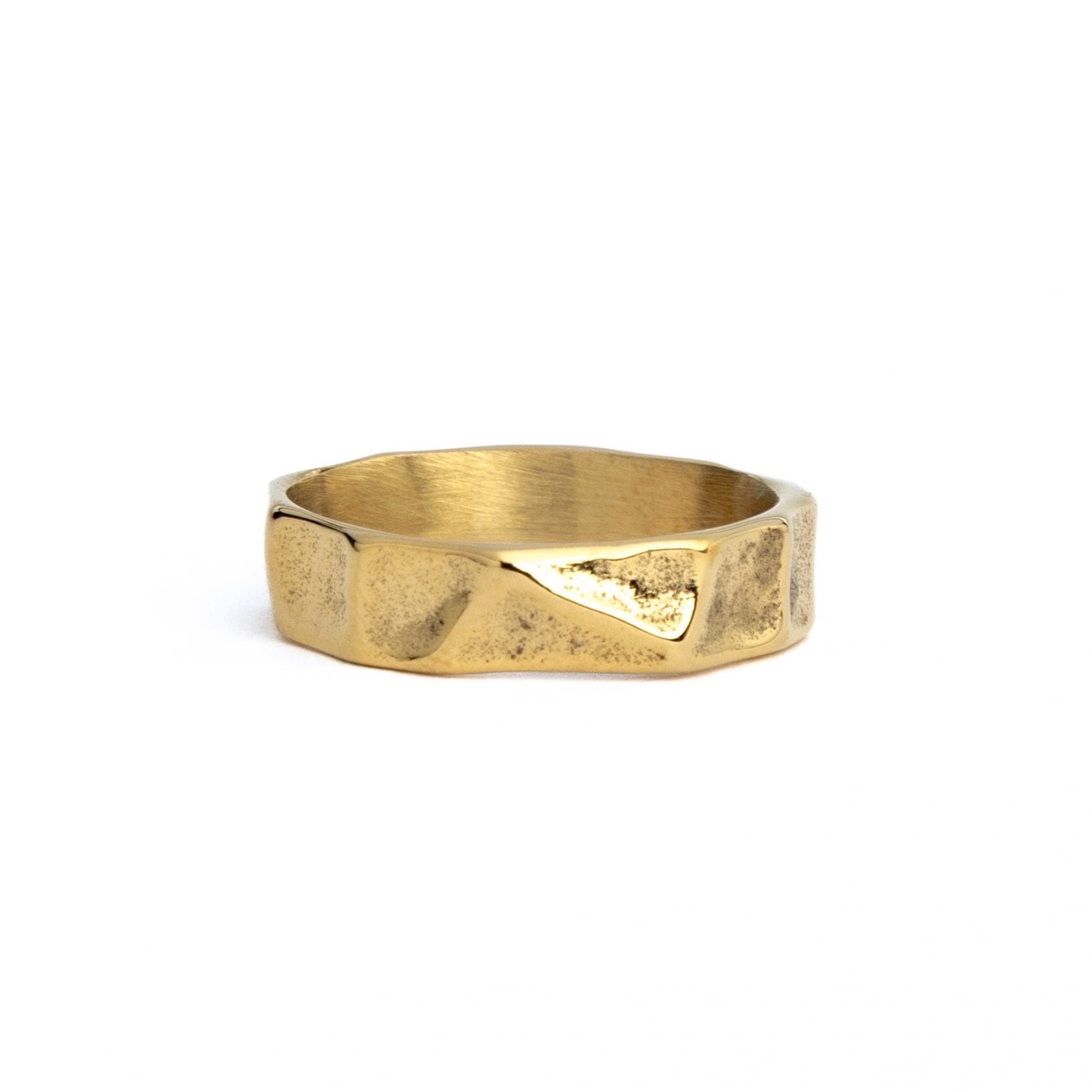 Gold Textured Men’s Ring – 18K Gold Plated 316L Stainless Steel Band with Organic Raw Hammered Finish – Minimalist Chunky Statement Ring for