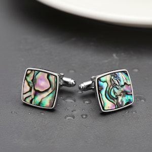 Abalone Shell Cufflinks, Stainless Steel Unique Cufflink, Square Gemstone Suit Accessories, Elegant Wedding Men Gift