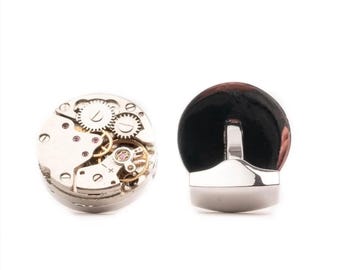Platinum Watch Movement Cufflinks for Men, Mens Mechanical cufflinks, Platinum-Plated Gear Design, Unique Groom Wedding Jewelry Gifts