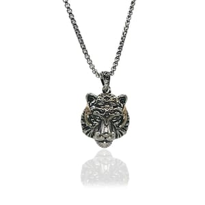 Tiger head necklace, gold silver wild tiger head pendant, wild animal big cat tiger head charm, mens titanium unique punk jewelry