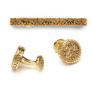 Elegant Gold Cufflinks & Tie Clip Set for Groom, Vintage Knightsbridge Style, 18k Gold Wedding Gift Set for Men, Classic Formal Accessory.