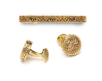 Elegantes Gold Manschettenknöpfe & Krawattenklammer Set für Bräutigam, Knightsbride 18k Gold Classic formelles Accessoire
