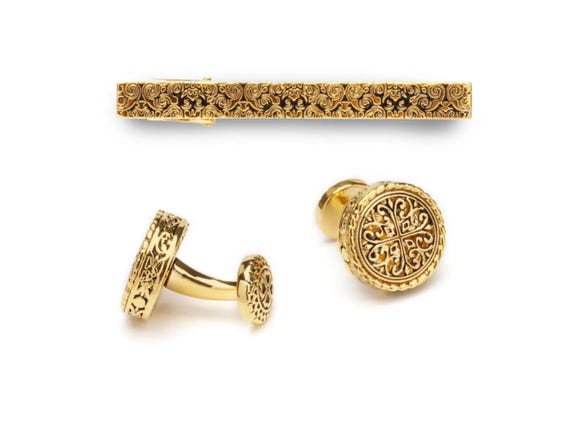 Elegant Gold Cufflinks & Tie Clip Set for Groom, Knightsbridge 18k Gold Classic Formal Accessory