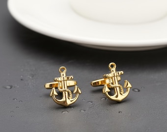 Gemelos de ancla dorada, gemelos náuticos para caballeros con iniciales de la marina, ideales como regalos para novios aficionados a la navegación.