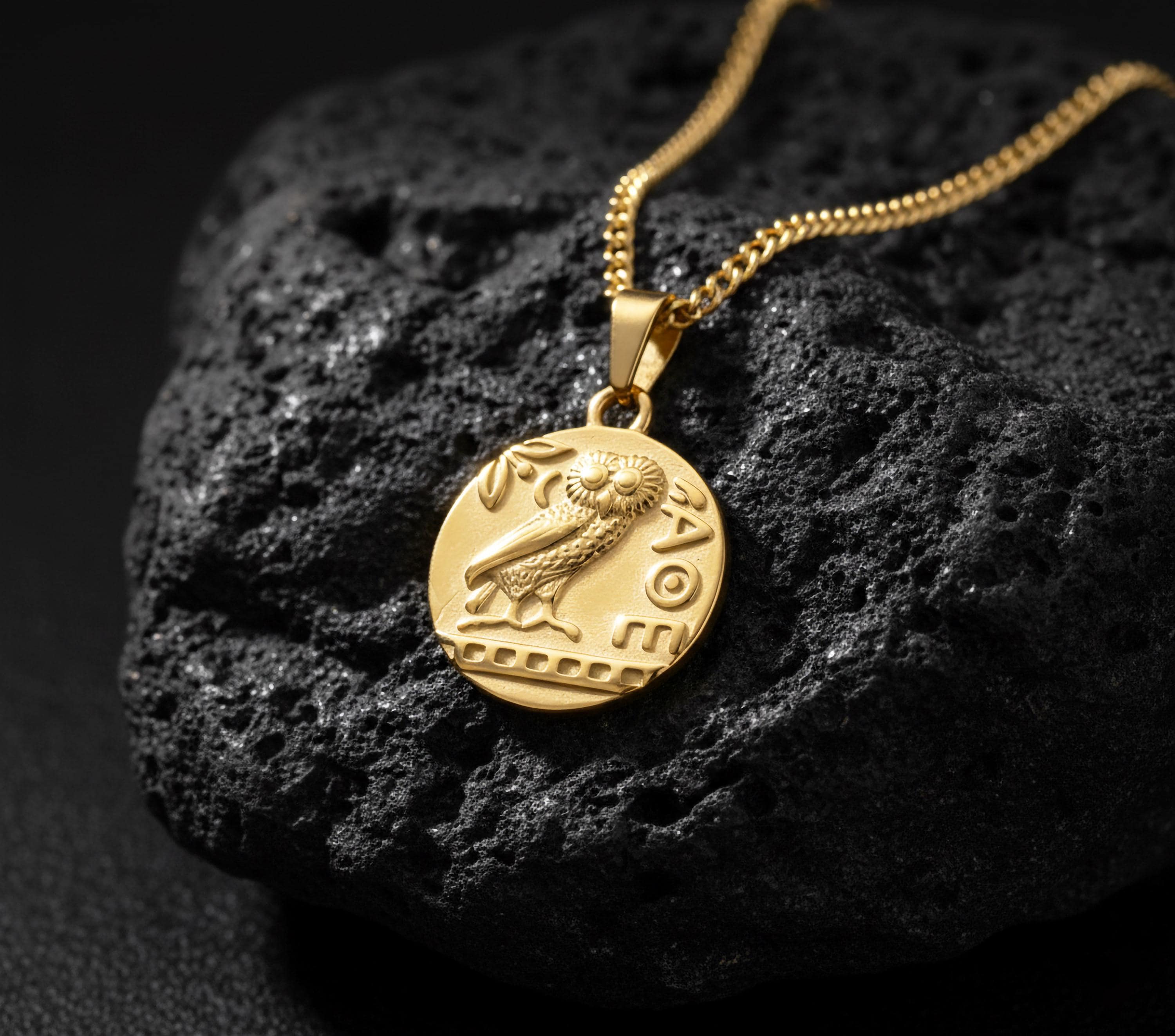 Gold Athena Owl Coin Necklace - Ancient Greek Goddess Medallion Pendant Mythology The Symbol of Wisd