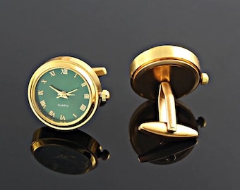 Gemelos de reloj de oro verde / Gemelos de reloj giratorio / Gemelos de camisa de traje de hombre verde esmeralda / Gemelos de boda de metal para el novio