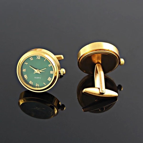 Green Gold Watch Cufflinks| Rotating Clock Watch Cuff Links| Emerald Green Men’s Suit Shirt Cuff links| Metal Wedding Cufflinks for Groom