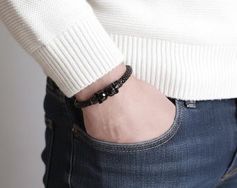 Braided Black Leather Skull Bracelet: Stainless Steel Biker Jewelry