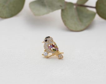 Broche de pájaro de cristal dorado, prendedor de solapa de gorrión colorido para mujer, joyería de abrigo de pájaro cantor