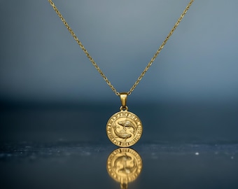 Collar con moneda del zodiaco Piscis: colgante astrológico celestial de oro, medallón del horóscopo con dos peces