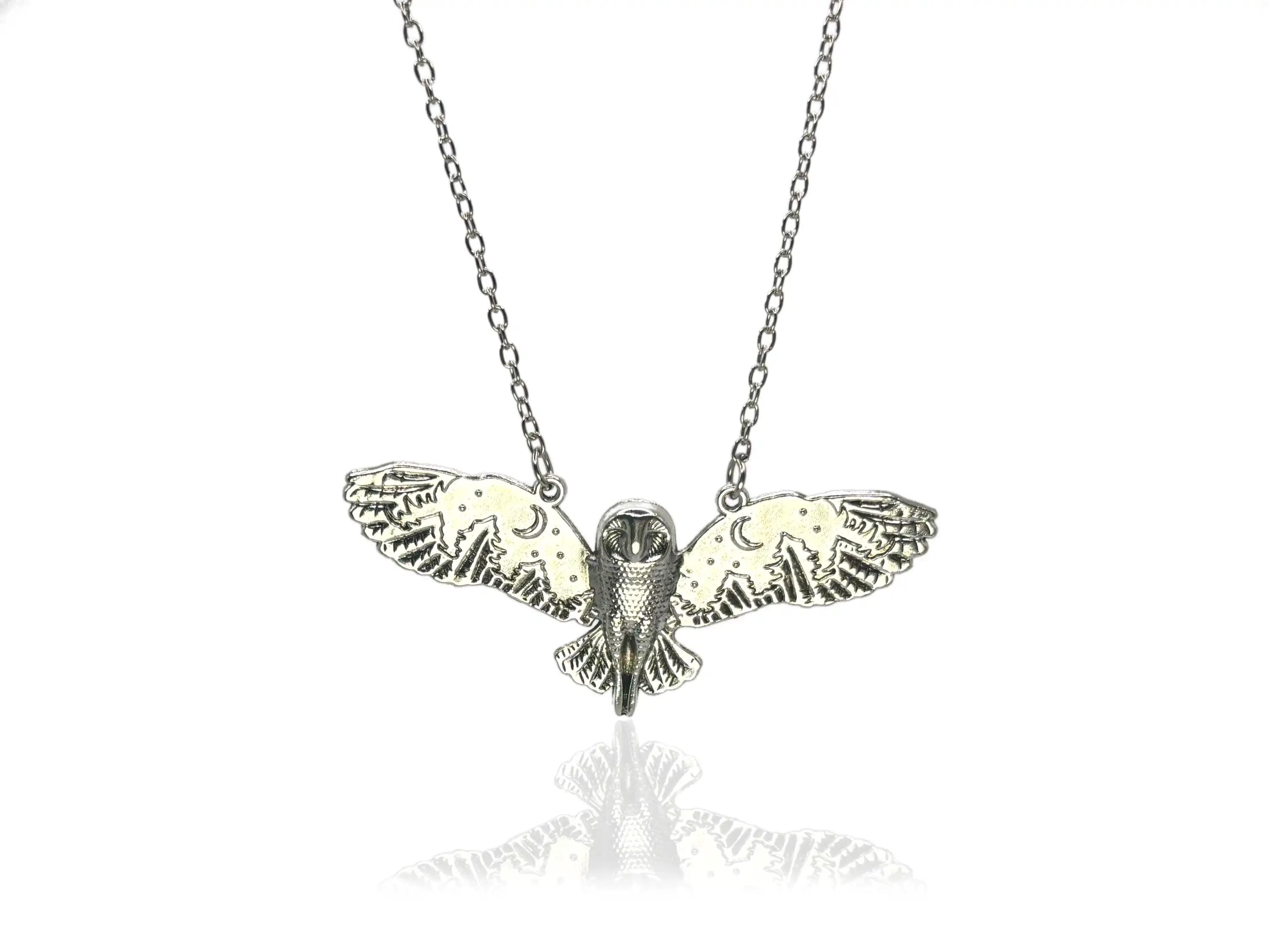 Night Sky Barn Owl Necklaces - Silver Night Owl Feather Pendant - Gothic Nocturnal Bird with Mountai