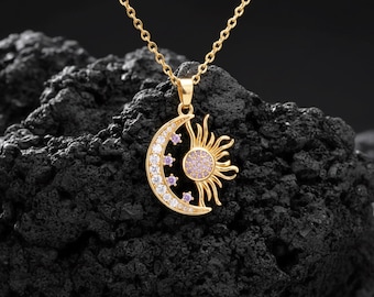 Collana Sole Luna in oro, ciondolo con ciondolo celeste placcato 18k, delicato regalo di gioielli astrologici