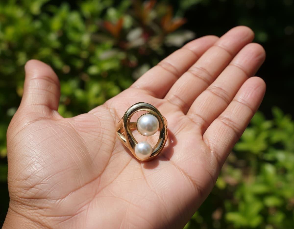 Gold Double Pearl Ring – Modern Sculptural Swirl Statement, Orbit