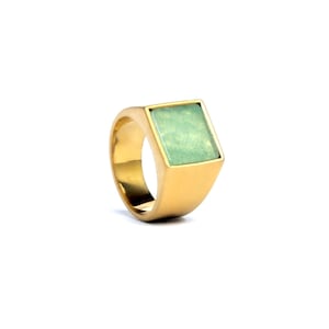 Gold Square Green Stone Signet Ring – 18K Gold Plated Statement Ring for Men, Gold Mens Ring, Minimalist Chunky Ring in 316L Stainless Steel