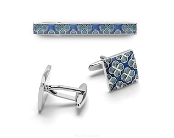 Blue Flower Cufflinks and Tie Clip Set Stainless Steel Groomsmen Wedding Set Accessory