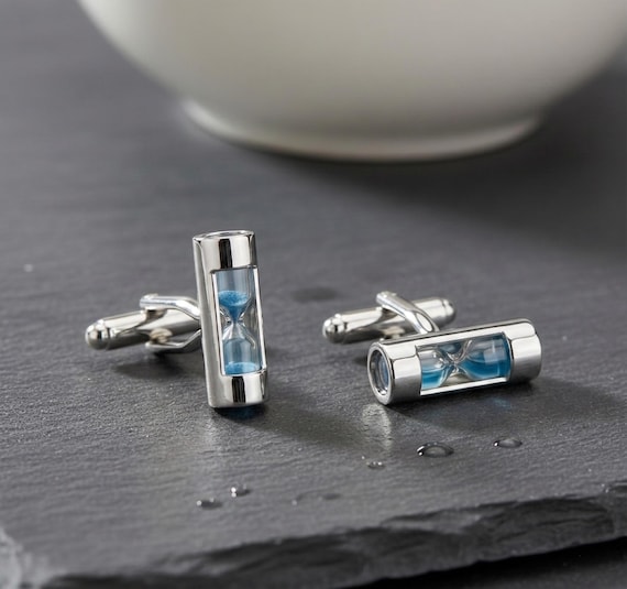 Blue Sand Hourglass Cufflinks for Men, Stainless Steel Time Turner Wedding Grooms Gift Accessory