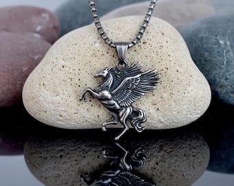 Pegasus Necklace Pendant – Winged Horse Necklace, Greek Mythology Jewelry in Oxidized Stainless Steel
