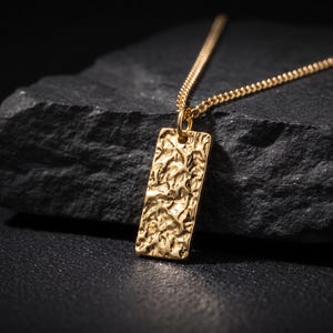 Gold Hammered Molten Moonrock Rectangular Bar Tag Pendant Necklace Modern Mens Statement Jewelry Gift