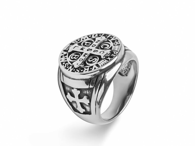 Saint Benedict Cross Signet Ring - Men’s Exorcism Christian Religious Knight Templar Novelty Ring image 2