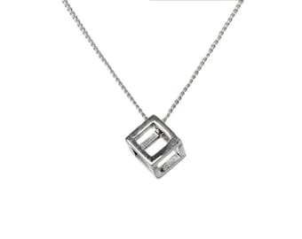 Collier cube en argent/Petit pendentif en forme de cube carré ouvert/Collier délicat en forme de cube géométrique en acier inoxydable pour hommes et femmes unisexes