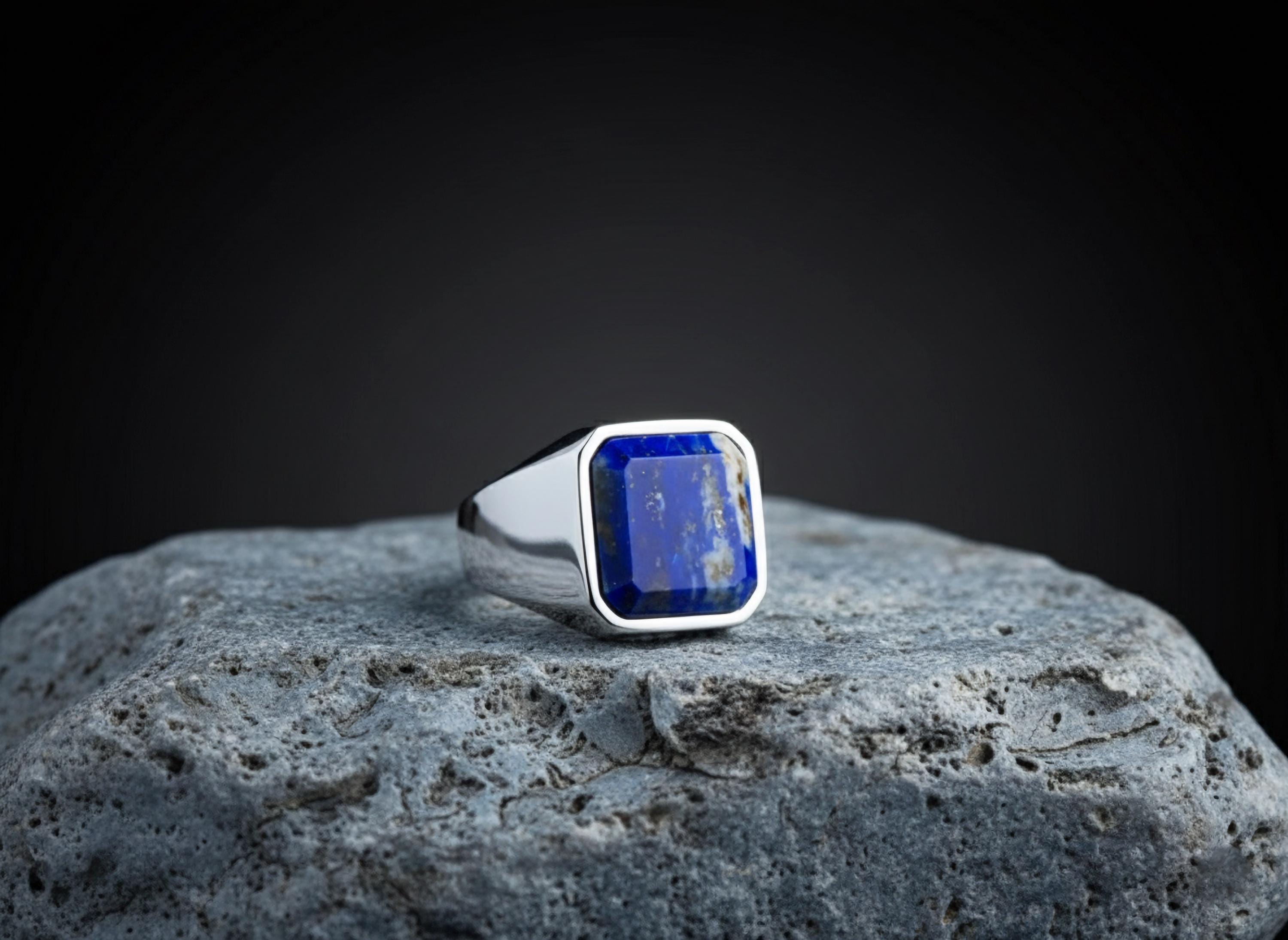 Lapis Lazuli Signet Ring for Men, Square Sterling Silver Statement Ring, Jewelry Gift