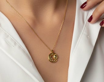 Gold Sun Moon Pendant Necklace – Celestial Coin Medallion with Stars on Rope Layering Chain