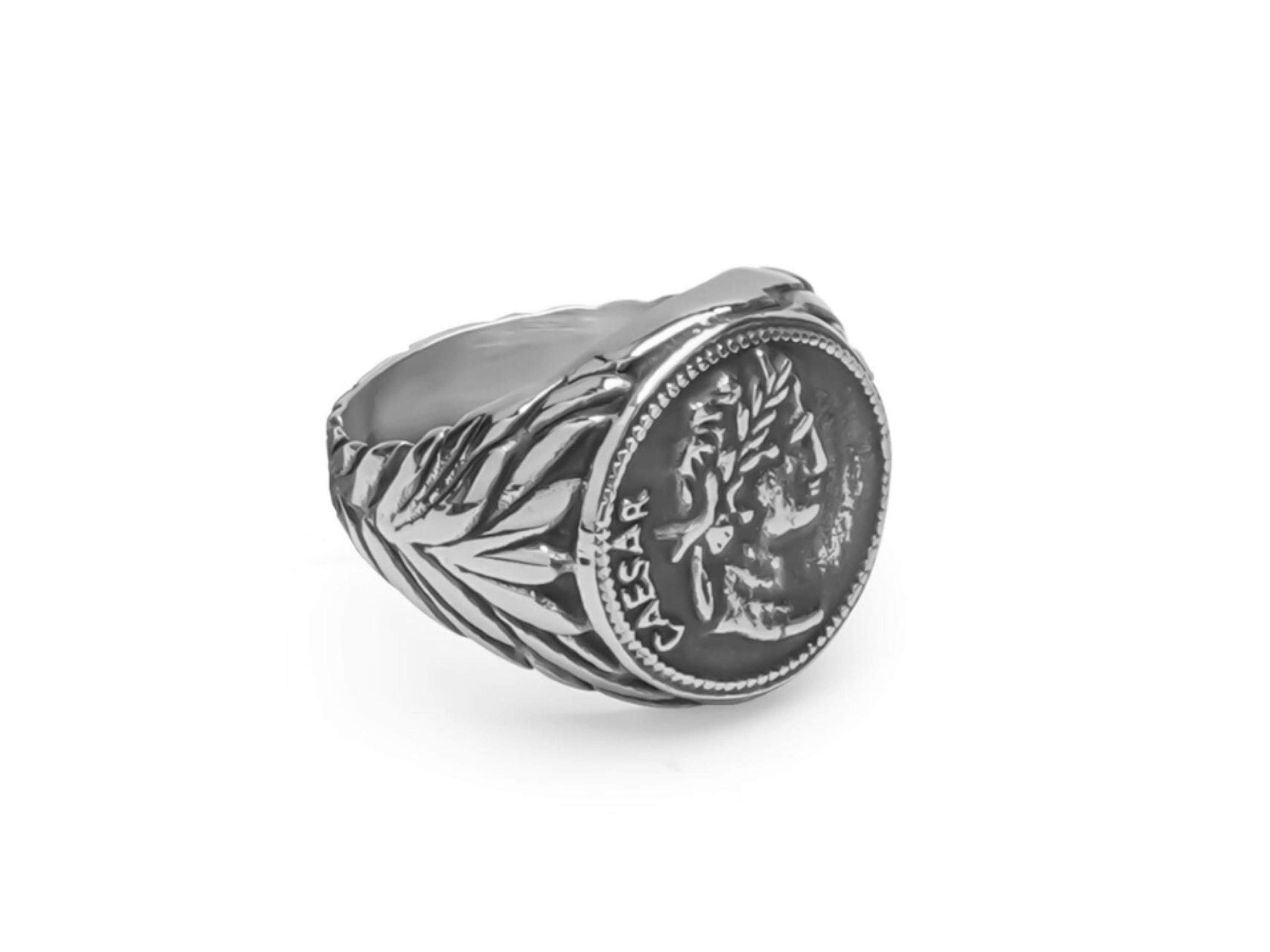 Sterling Silver Caesar Signet Ring: Vintage Roman Coin Ring