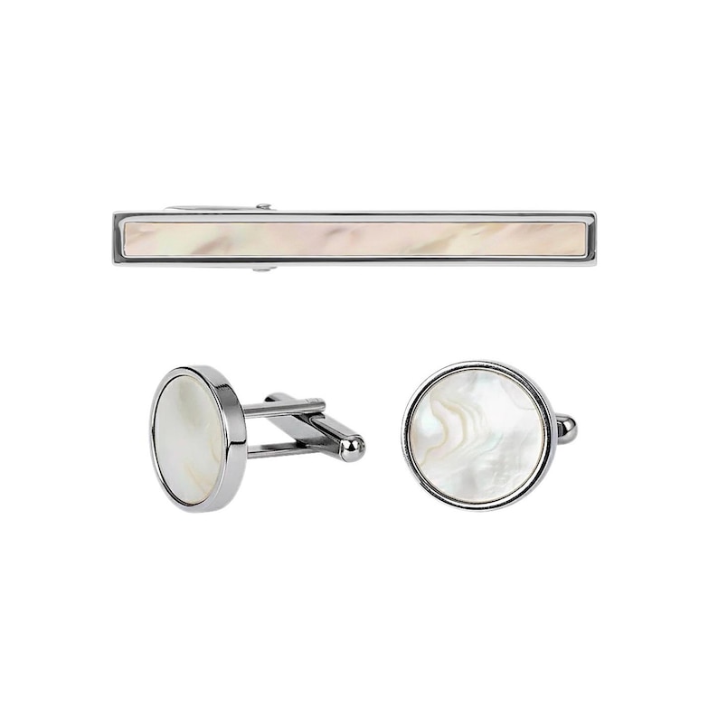 silver pearl cufflinks and tie clip set