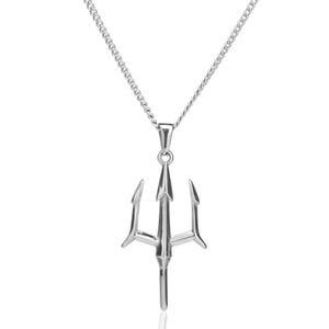 May include: A silver-toned metal necklace featuring a pendant shaped like a three-pronged trident. The pendant hangs from a delicate silver-colored curb chain. The trident design has a central point and two curved side prongs, all with a polished finish.