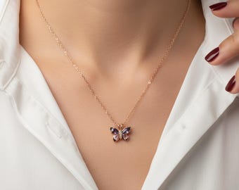 Rose Gold Butterfly Necklace – Purple & Pink Crystal Pendant, Dainty Butterfly Adjustable for Her