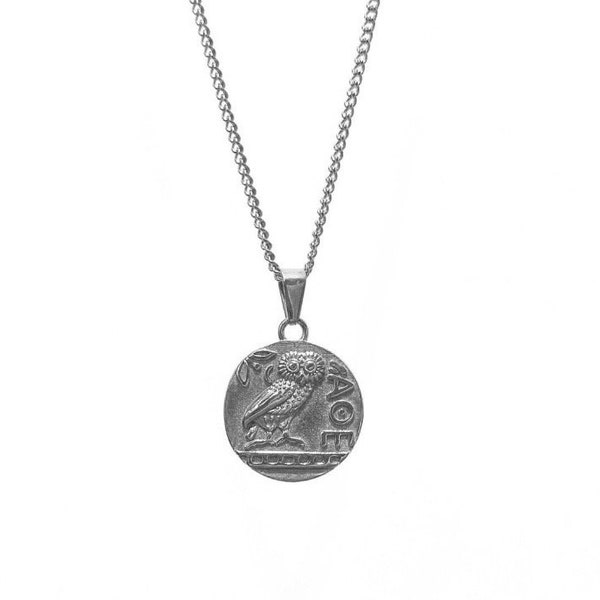 Athena Greek Owl Coin Necklace| Silver Ancient Owl of Athena Goddess Medallion Mythology Pendant| The Symbol of Wisdom Owl Charm Jewelry