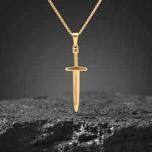 Gold Dagger Pendant Necklace, Dainty Gothic Sword Charm Jewellery, Tiny Knife Necklace for Him