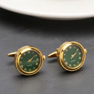 Green Gold Watch Cufflinks - Emerald Stainless Steel Rotating Clock Design, Unique Groom Wedding Cufflinks