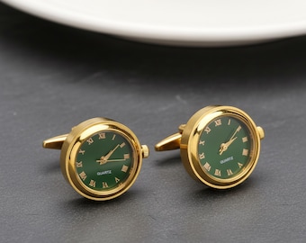 Green Gold Watch Cufflinks - Emerald Stainless Steel Rotating Clock Design, Unique Groom Wedding Cufflinks
