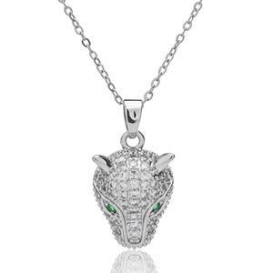 Crystal Panther Head Pendant Necklace - Leopard Head Green Eyes Necklace - Wild Jaguar Cheetah Necklace - Big Cat Wild Animal Charm.