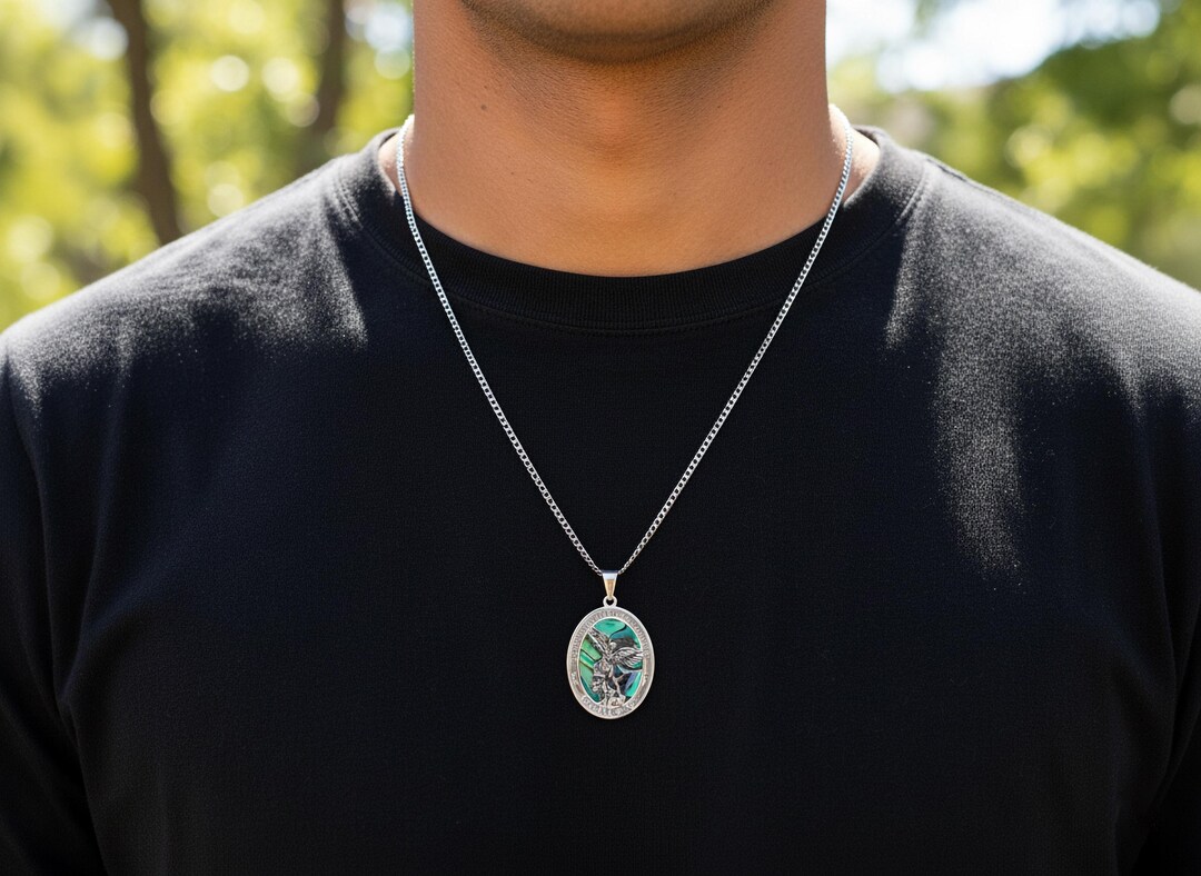 thumbnail image 2 of 925 Sterling Silver Saint Michael Medal Pendant - Religious Protection Charm 1.6 Inches 2 of 14