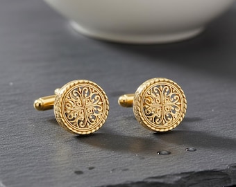 Gemelos Mandala Dorados, Acero Inoxidable Chapado en Oro de 18k, Accesorios para Bodas, Regalo para el Novio y los Padrinos de Boda