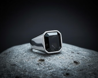 Black Onyx Silver Signet Ring - Square Statement Men's Ring Gift