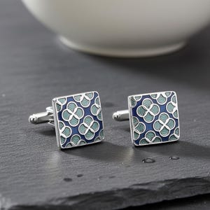 Gemelli astratti blu - Gemelli da camicia quadrati retrò in acciaio inossidabile con zaffiro di lusso.